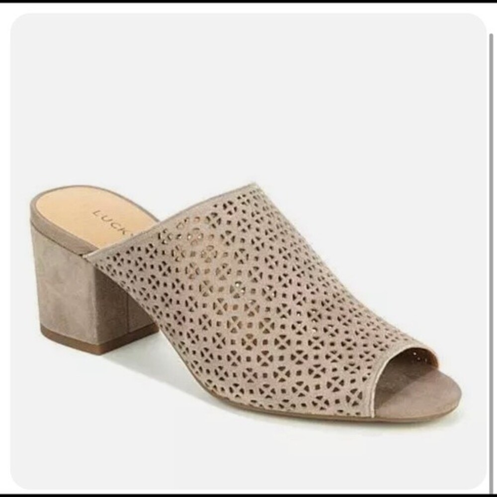 Lucky Brand Islandro 2 Bringle Taupe Suede Open Toe Perforated Block Heel